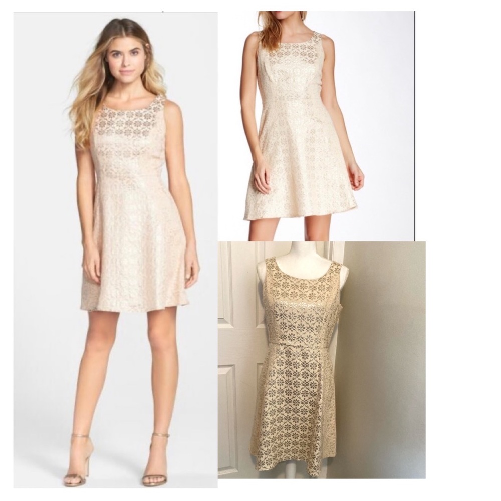 JESSICA SIMPSON Champagne Metallic Lace Fit and Flare Dress